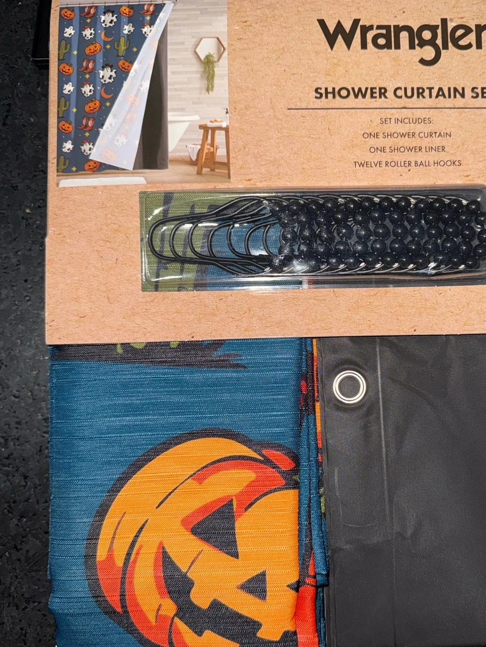 NEW Wrangler BLUE Fabric HALLOWEEN GHOST PUMPKIN CACTUS BOOT Shower Curtain Set
